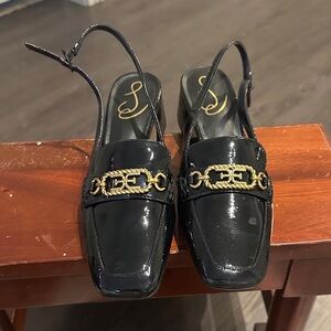 Black Patent Leather Slingback Loafers with Gold Chain Accent